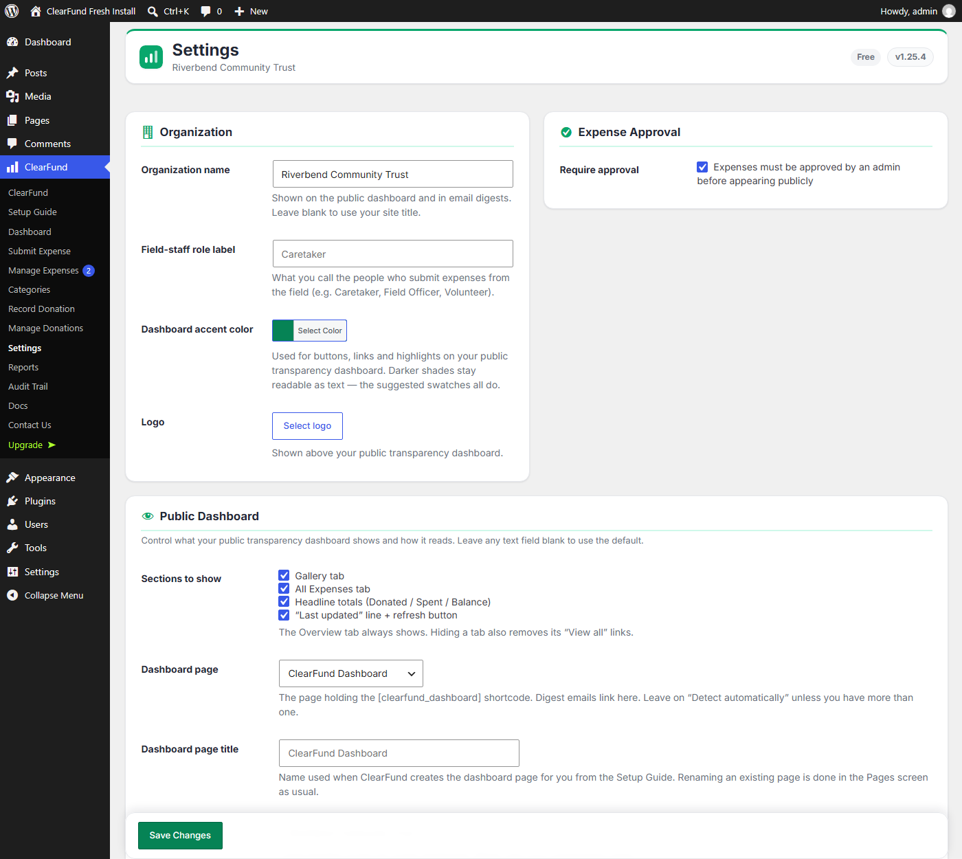 The ClearFund settings screen with organization, branding and dashboard visibility options.
